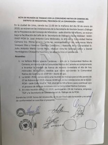 Acta de acuerdos suscrita con fecha 30 de enero. Foto: Radio Quillabamba