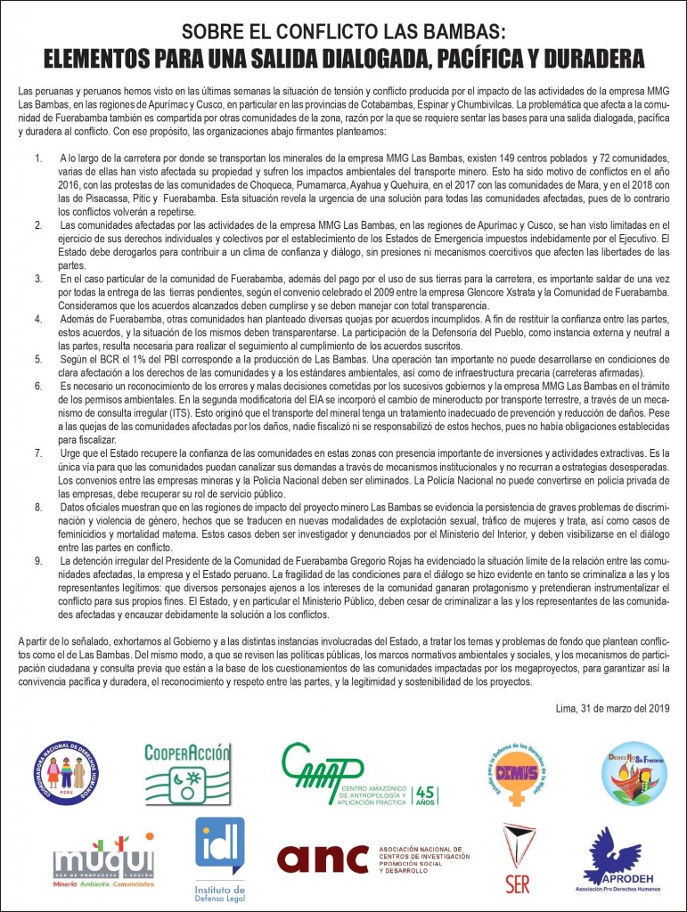 En total el comunicado ha sido firmado por diez organizaciones, todas en defensa de los Derechos Humanos. Foto: CAAAP