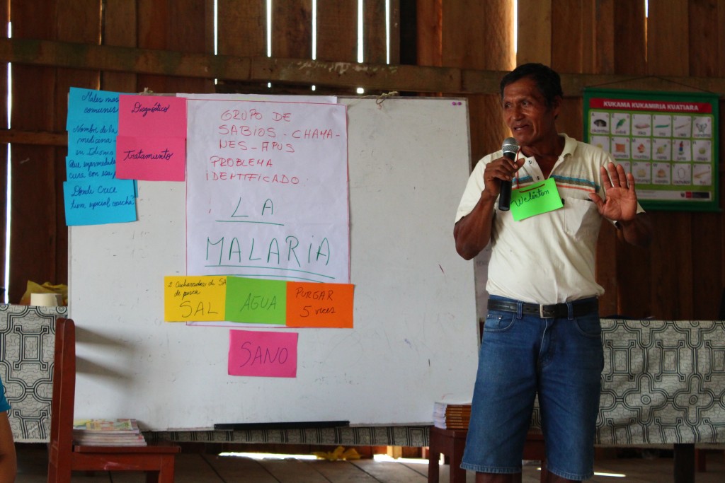 Apu Welington de la comunidad Libertad de Choroyacu explicando el remedio para la malaria. Foto: Rebecca Pagani