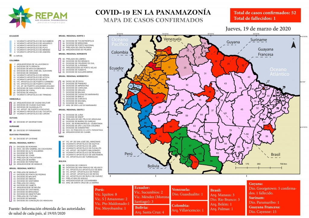 Mapa de casos confirmados de coronavirus en la Amazonía a fecha 19 de marzo. Fuente: REPAM